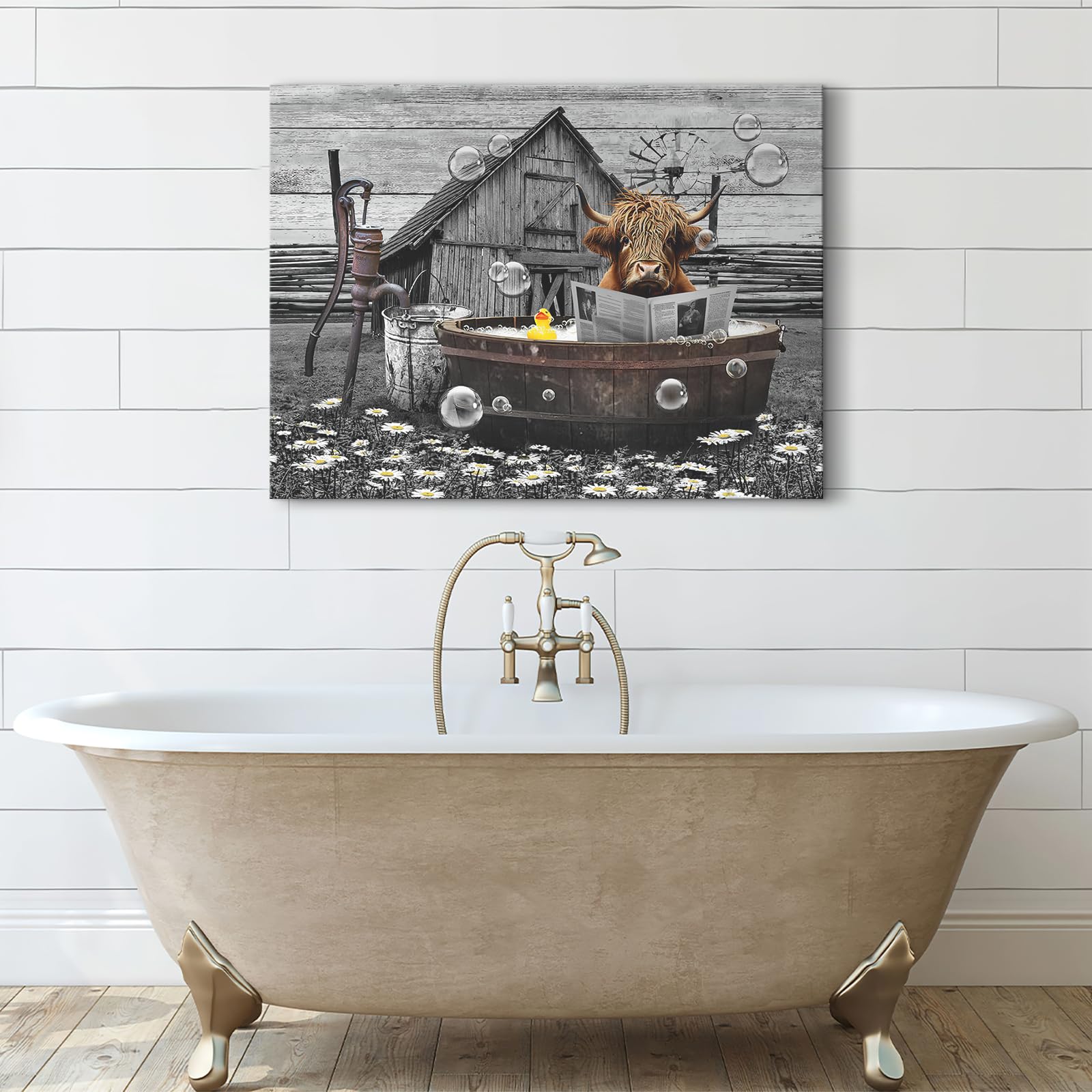 Farmhouse Bathroom Decor Wall Art Highland Cow In Bathtub Reading Newspaper Pictures Rustic Bathroom Funny Cattle Painting For B